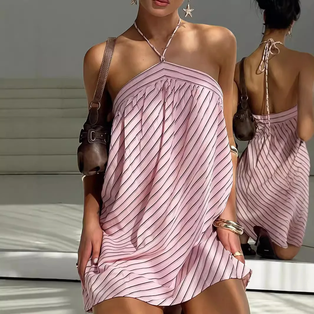 Women's Pink Stripe Halter Mini Dress Sleeveless Backless Tie-Neck High Waist A-Line Dress Summer Stylish Casual Beach Vacation
Women's Pink Stripe Halter Mini Dress Sleeveless Backless Tie-Neck High Waist A-Line Dress Summer Stylish Casual Beach Vacation
