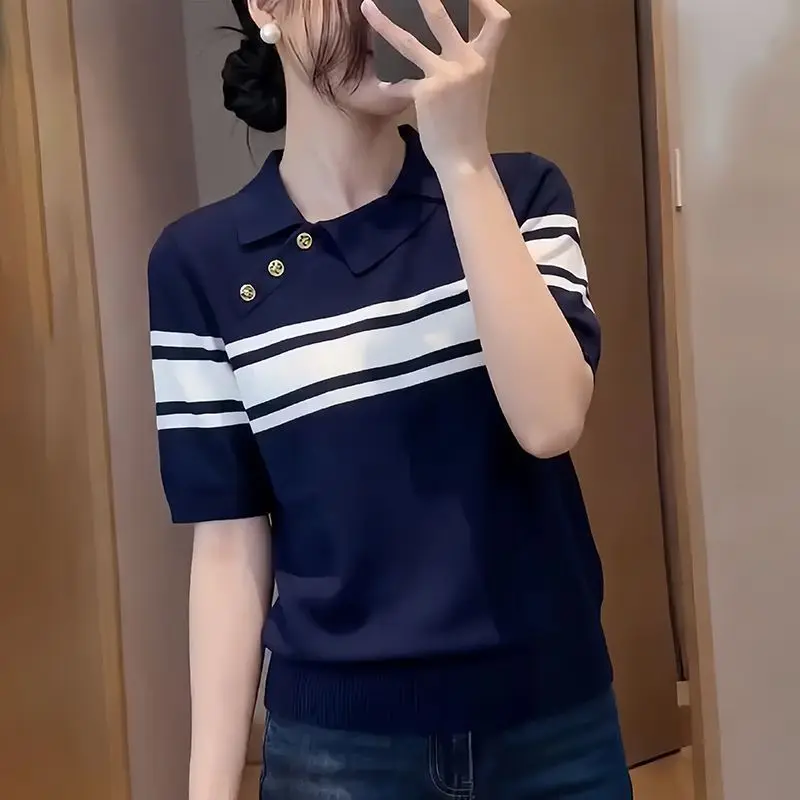 Women's Clothing Contrast Color T-shirt Summer Striped Casual Knit Short Sleeve Tee Lady Slimming Versatile Turn-down Collar Top
Women's Clothing Contrast Color T-shirt Summer Striped Casual Knit Short Sleeve Tee Lady Slimming Versatile Turn-down Collar Top