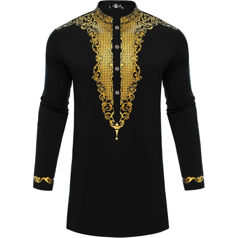 Mens Nigerian Dashiki Shirt African Print Tunic Top Button Placket Metallic Gold Stamp Traditional Clothing for Wedding Party
Mens Nigerian Dashiki Shirt African Print Tunic Top Button Placket Metallic Gold Stamp Traditional Clothing for Wedding Party