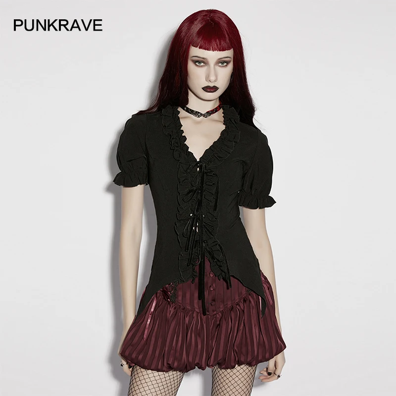 PUNK RAVE Women's Adorable Girl High-quality Woven Tie-Up V-neck Ruffle Edge Shirt Waist Cinching Irregular Hem Sharpness Top
PUNK RAVE Women's Adorable Girl High-quality Woven Tie-Up V-neck Ruffle Edge Shirt Waist Cinching Irregular Hem Sharpness Top