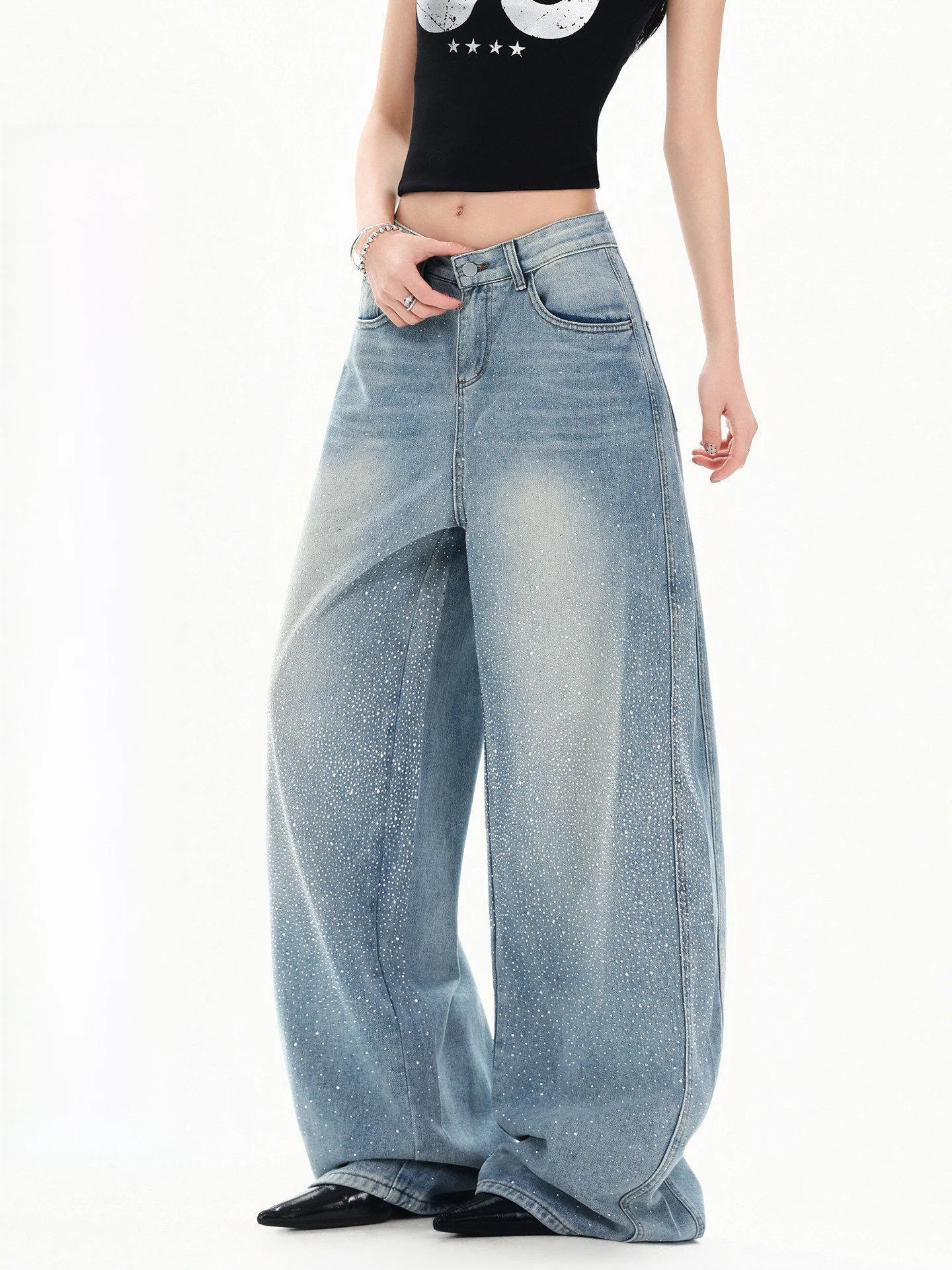 Heavy Duty Rhinestone Embellished Wide Leg Jeans Women's plus Size Spring Design Slimming Sparkling Casual High Waist Denim
Heavy Duty Rhinestone Embellished Wide Leg Jeans Women's plus Size Spring Design Slimming Sparkling Casual High Waist Denim