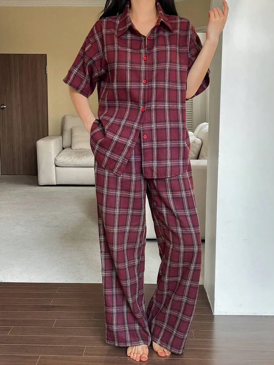 Women Plaid Short Sleeve Button Up Shirt And Loose Straight Pants Pajama Set Summer
Women Plaid Short Sleeve Button Up Shirt And Loose Straight Pants Pajama Set Summer