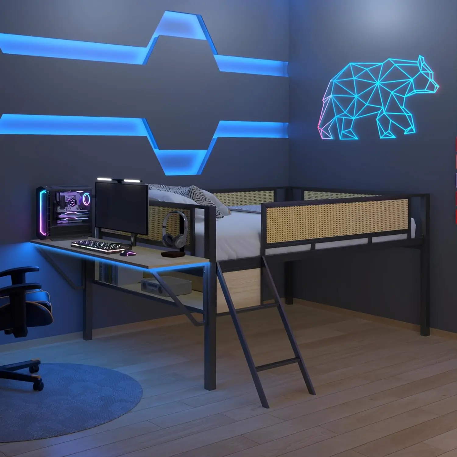 Full Size Gaming Mid Loft Bed With Rectangular Desk And Vented Mesh Underbed Storage, Metal Low Loft Bed Frame With Safety
Full Size Gaming Mid Loft Bed With Rectangular Desk And Vented Mesh Underbed Storage, Metal Low Loft Bed Frame With Safety