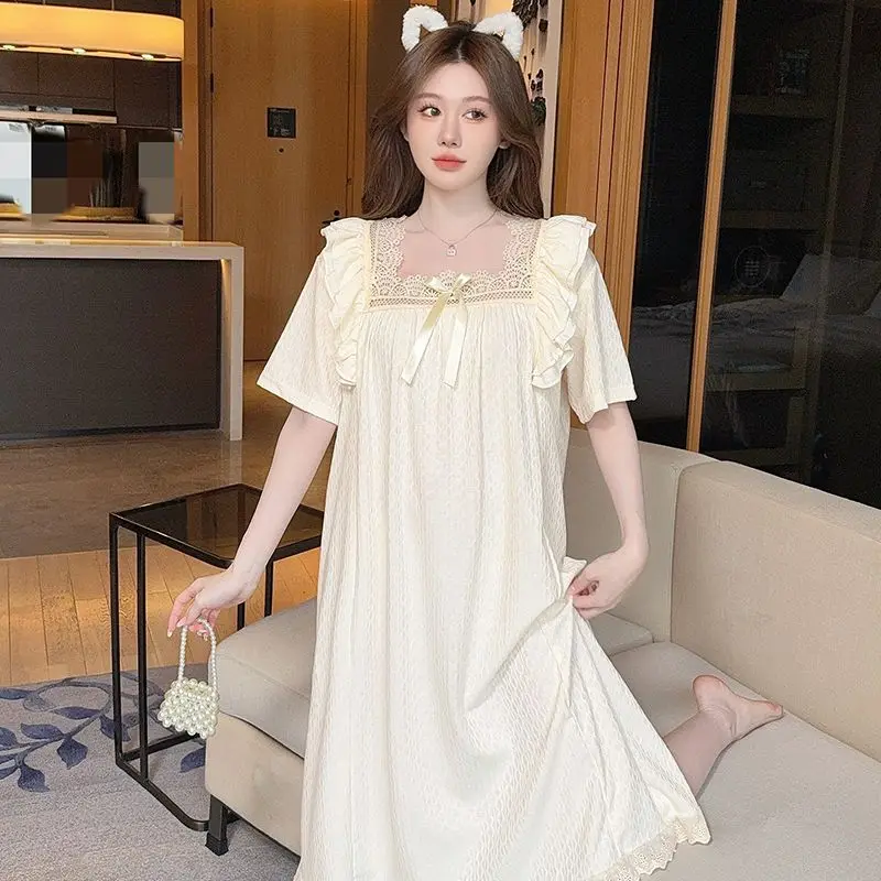 Summer Women's Solid Color Lace Dress Cute Pajamas Casual Sweet Pajamas Loose Large Size 5XL Pajamas Home Clothes
Summer Women's Solid Color Lace Dress Cute Pajamas Casual Sweet Pajamas Loose Large Size 5XL Pajamas Home Clothes