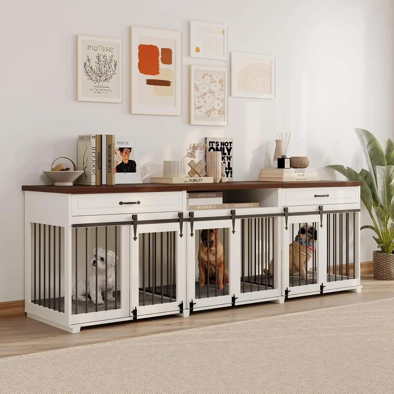 Large Wooden Dog Kennel with Sliding Doors, 2 Drawers, 1 Shelf, White, 95'L x 23.6'W x 31.5'H
Large Wooden Dog Kennel with Sliding Doors, 2 Drawers, 1 Shelf, White, 95'L x 23.6'W x 31.5'H