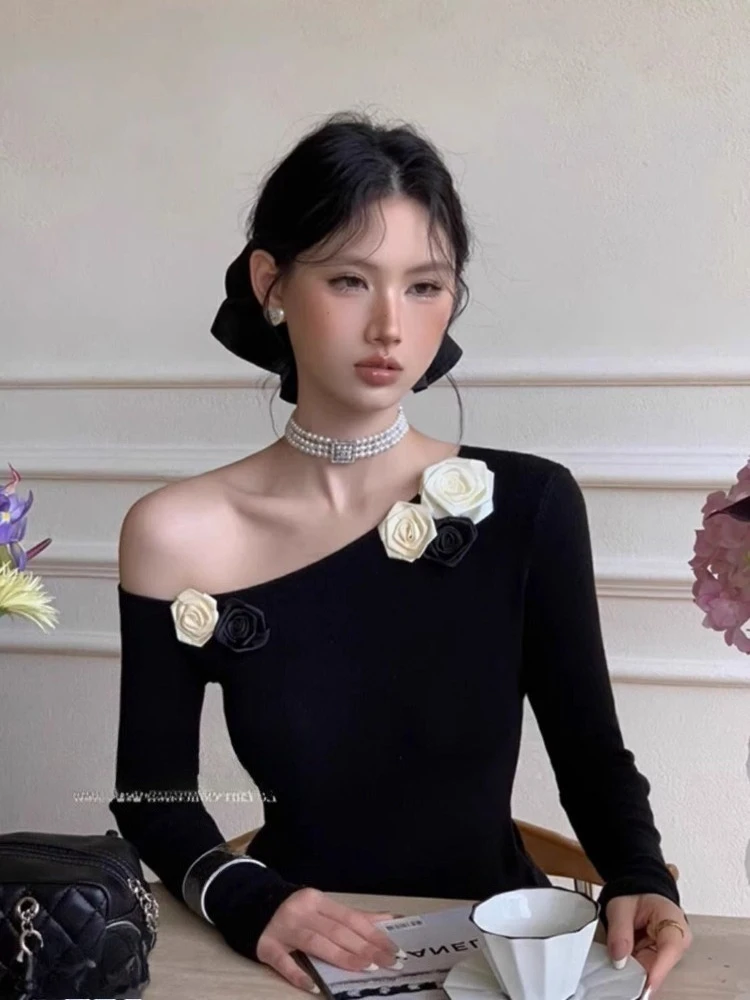 Сексуальные футболки с косым воротником и 3d цветком, приталенная футболка с длинным рукавом, новинка 2025 года, нижний топ для женщин, свитер черного цвета
Сексуальные футболки с косым воротником и 3d цветком, приталенная футболка с длинным рукавом, новинка 2025 года, нижний топ для женщин, свитер черного цвета