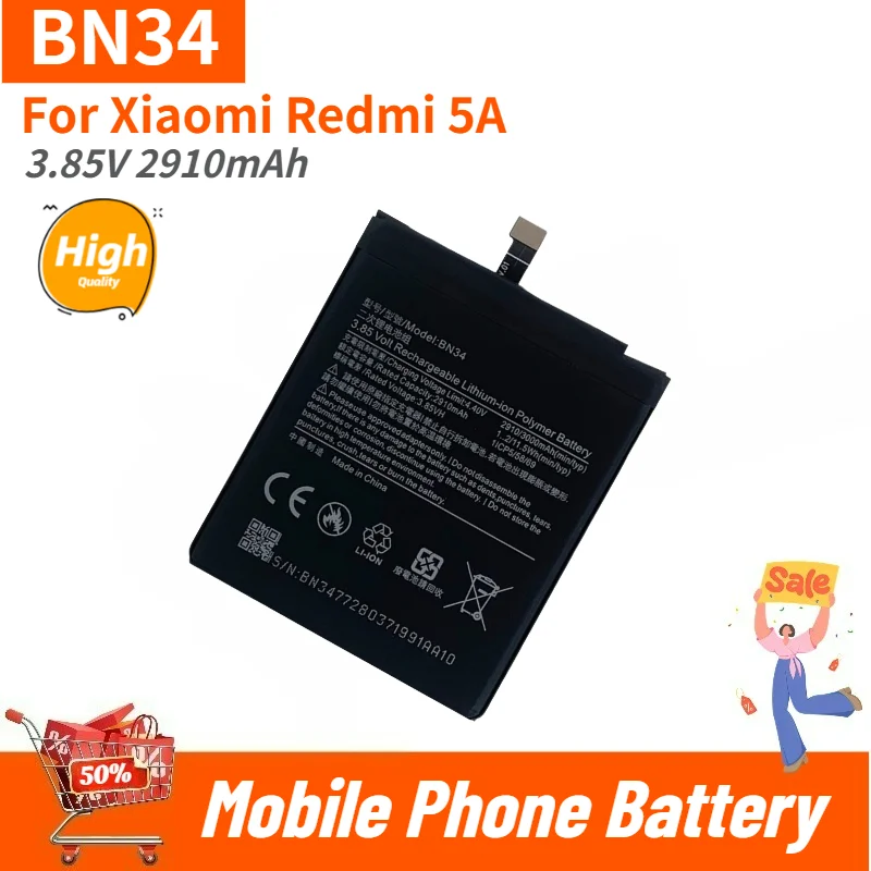 High Quality BN34 Mobile Phone Battery 3.85V 2910mAh For Xiaomi Redmi 5A Brand New Replacement Battery
High Quality BN34 Mobile Phone Battery 3.85V 2910mAh For Xiaomi Redmi 5A Brand New Replacement Battery