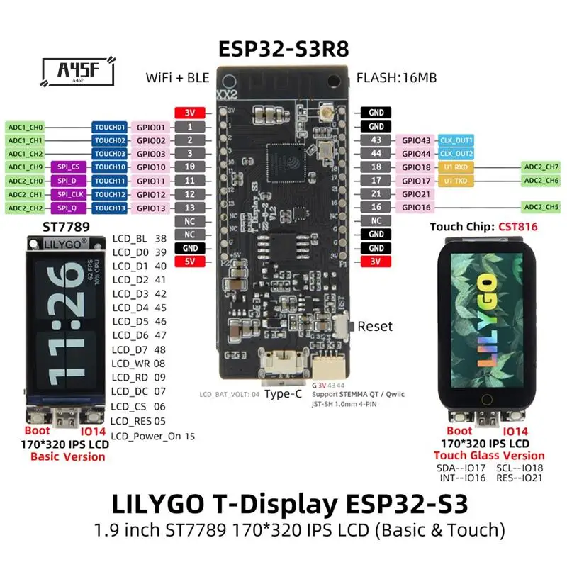 A45F-LILYGO T-Display-S3-Touch Версия, 1,9-дюймовый экран дисплея, макетная плата ESP32-S3, ядро на 240 МГц, Wi-Fi Bluetooth Modu
A45F-LILYGO T-Display-S3-Touch Версия, 1,9-дюймовый экран дисплея, макетная плата ESP32-S3, ядро на 240 МГц, Wi-Fi Bluetooth Modu