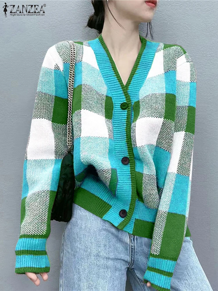 ZANZEA Spring Vitnage Cardigans Elegant Women Long Sleeve Loose Casual Sweaters Daily Wear Plaid V Neck Button Up Knitted Tops
ZANZEA Spring Vitnage Cardigans Elegant Women Long Sleeve Loose Casual Sweaters Daily Wear Plaid V Neck Button Up Knitted Tops