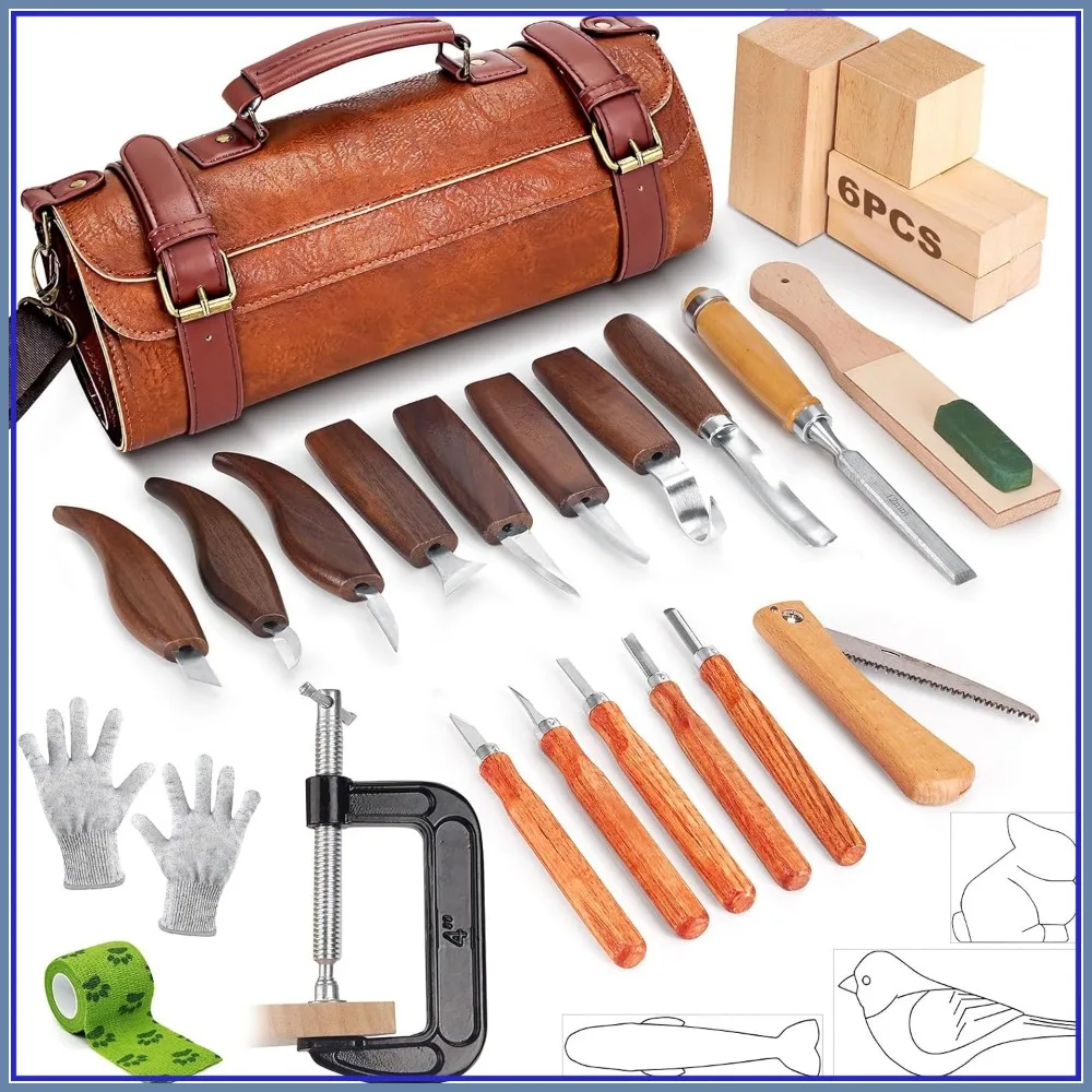 27Pcs Wood Carving Kit with Leather Storage Bag, Whittling Knives, Folding Saw, Bench Vise, and Strop Block for Beginners
27Pcs Wood Carving Kit with Leather Storage Bag, Whittling Knives, Folding Saw, Bench Vise, and Strop Block for Beginners