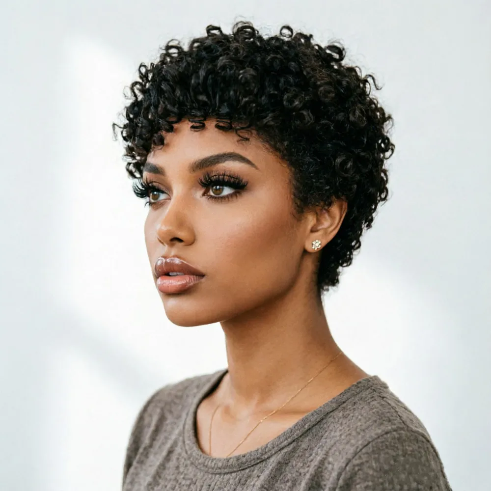 4inch 150% density daily party use wig machine made human hair wig natural black color pixie cut short curly human hair wig
4inch 150% density daily party use wig machine made human hair wig natural black color pixie cut short curly human hair wig