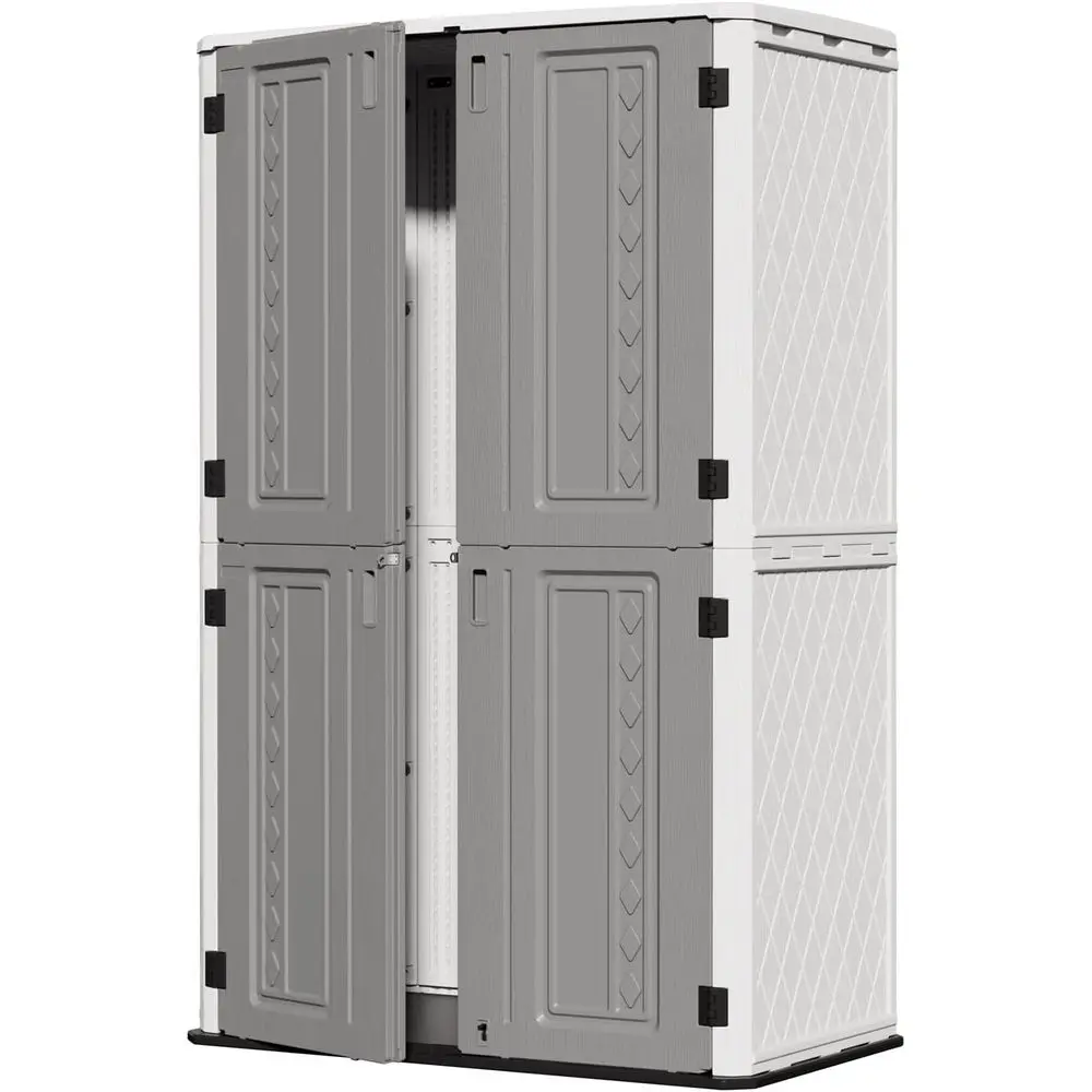 Уличный пластиковый сарай для хранения 4x6 с текстурой под алмазную мозаику, всепогодный, с запираемой дверью (серо-белый)
Уличный пластиковый сарай для хранения 4x6 с текстурой под алмазную мозаику, всепогодный, с запираемой дверью (серо-белый)