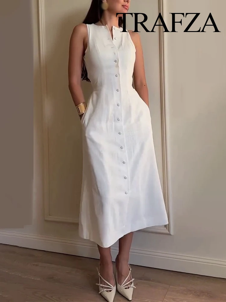 TRAFZA Summer Female Solid Sleeveless Casual Slim Office Midi Dress Women New Fashion Single-Breasted Lace Decorate Party Dress
TRAFZA Summer Female Solid Sleeveless Casual Slim Office Midi Dress Women New Fashion Single-Breasted Lace Decorate Party Dress