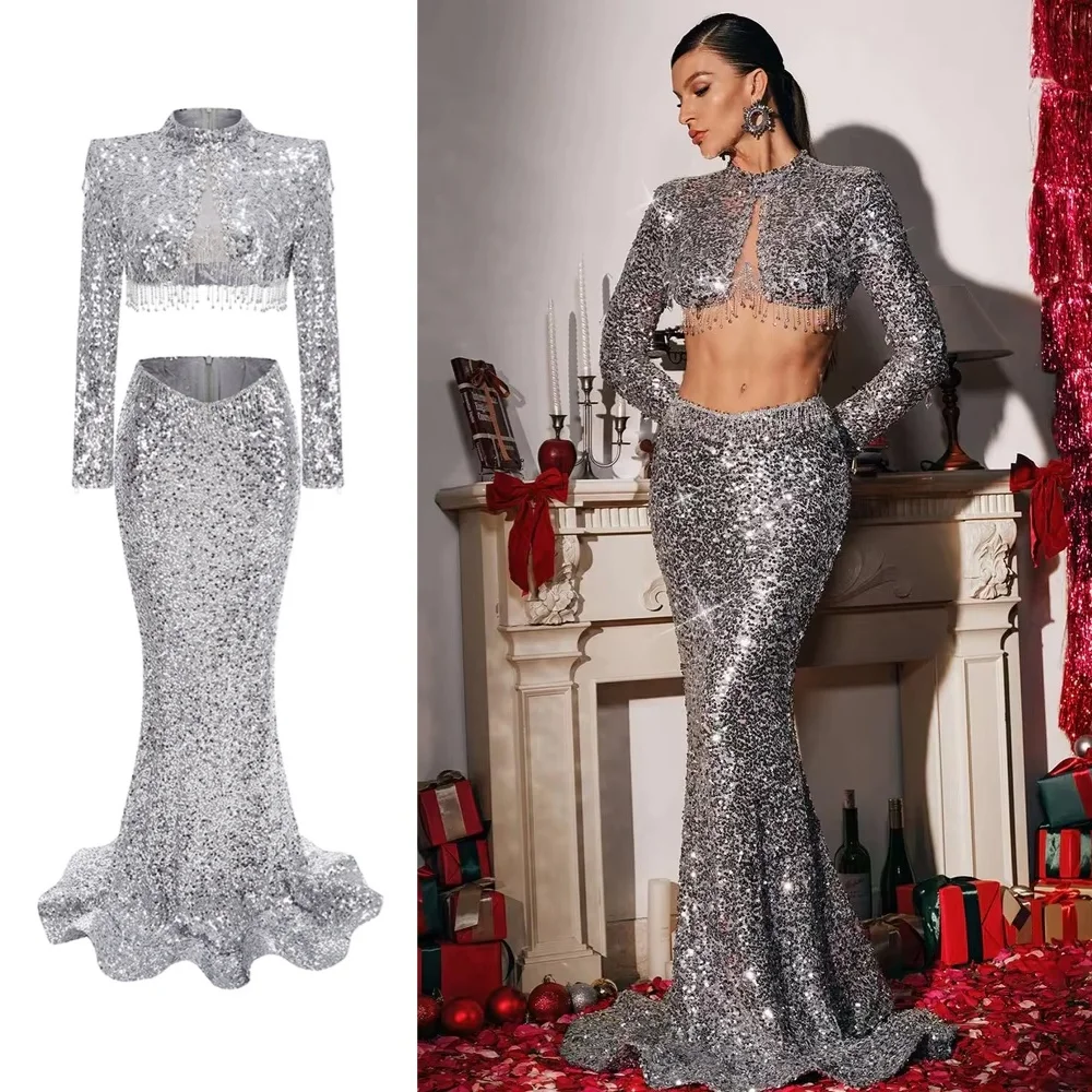 Sparkling Silver Sequin Two Piece Sets – Long Sleeve Fringed Crop Top + Slim Long Skirt Set For Cocktail Party
Sparkling Silver Sequin Two Piece Sets – Long Sleeve Fringed Crop Top + Slim Long Skirt Set For Cocktail Party