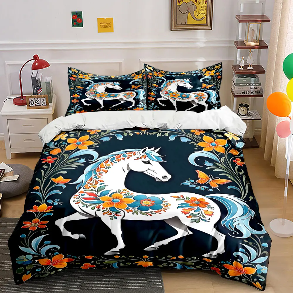 Painted white horse with floral patterns Duvet Cover Set with 3D Printing Design Soft Polyester Bedding Set All-Season Comfort
Painted white horse with floral patterns Duvet Cover Set with 3D Printing Design Soft Polyester Bedding Set All-Season Comfort
