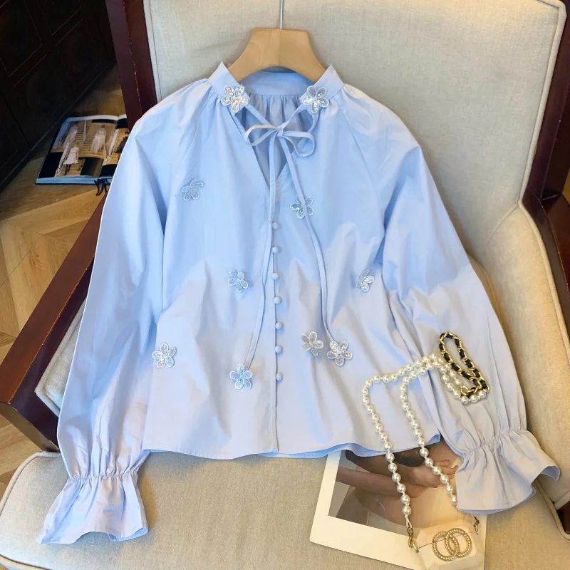 Women's Blue And White Sequin Long Sleeved Shirt French Elegant Aesthetic High Street Casual Retro Top Shirt Clothing 2025 New 
Women's Blue And White Sequin Long Sleeved Shirt French Elegant Aesthetic High Street Casual Retro Top Shirt Clothing 2025 New