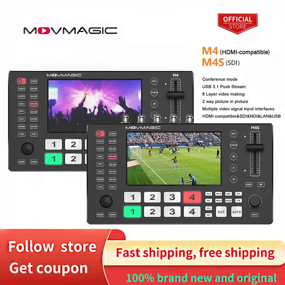 MOVMAGIC M4 M4S 5.5 Inch (4K/60P) Input 5CH Video switcher with 4HDMI&4SDI 1USB Input,USB 3.1 Support PTZ/USB/SD.
MOVMAGIC M4 M4S 5.5 Inch (4K/60P) Input 5CH Video switcher with 4HDMI&4SDI 1USB Input,USB 3.1 Support PTZ/USB/SD.