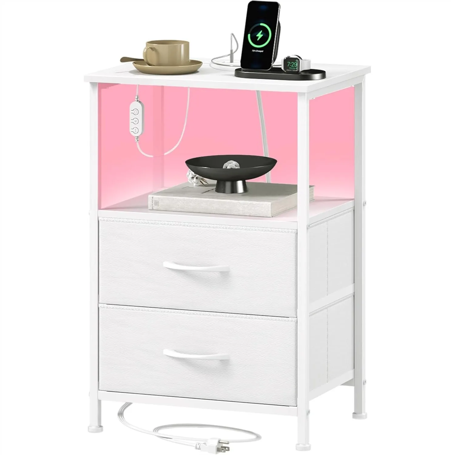 White Nightstand with Charging Station and LED Light, 2 Drawers Dresser with Fabric Bins for Bedroom Bedside Kids Dorm, Sturdy &
White Nightstand with Charging Station and LED Light, 2 Drawers Dresser with Fabric Bins for Bedroom Bedside Kids Dorm, Sturdy &