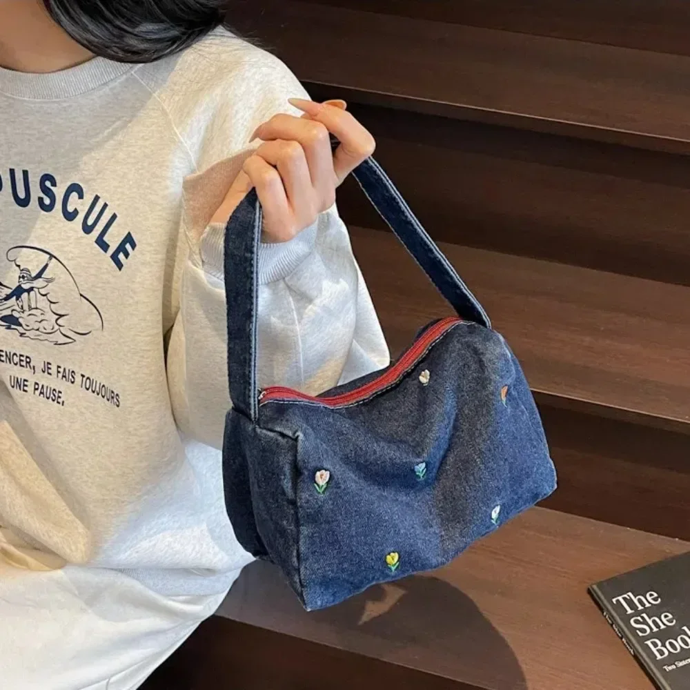 Fashion Denim Top-Handle Bags Solid Color Embroidery Flower Tote Bag Zipper Women's Bags Women
Fashion Denim Top-Handle Bags Solid Color Embroidery Flower Tote Bag Zipper Women's Bags Women