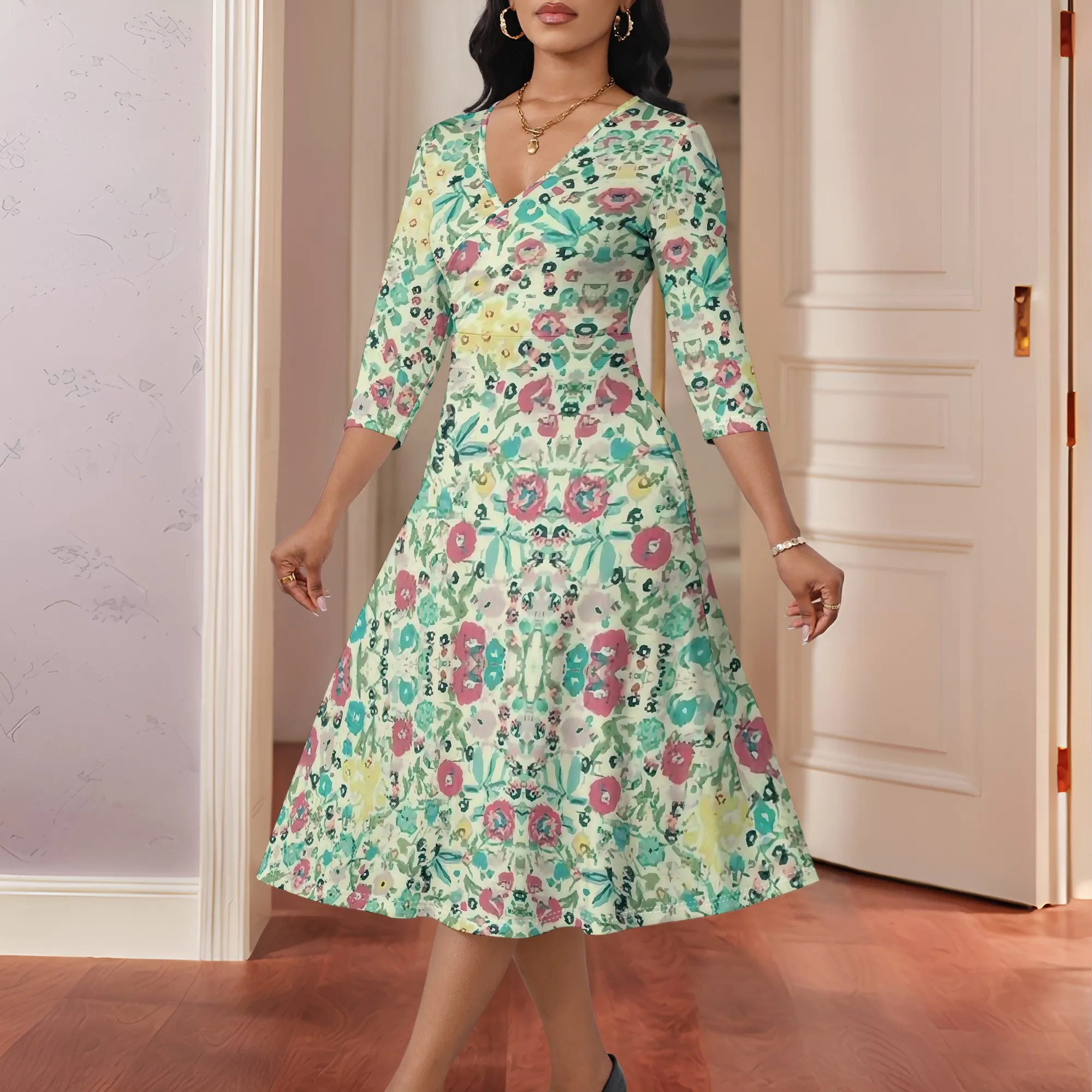 Women's Vintage Floral Midi Dress V-Neck 3/4 Sleeve Fit & Flare Elegant Spring Brunch Church Dress 2025 New Arrival
Women's Vintage Floral Midi Dress V-Neck 3/4 Sleeve Fit & Flare Elegant Spring Brunch Church Dress 2025 New Arrival