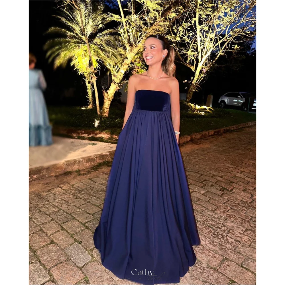 Cathy Customized Blue Strapless Pleated Prom Dresses Elegant Sleeveless vestidos de noiva A-Line Floor-Length Formal Evening 
Cathy Customized Blue Strapless Pleated Prom Dresses Elegant Sleeveless vestidos de noiva A-Line Floor-Length Formal Evening
