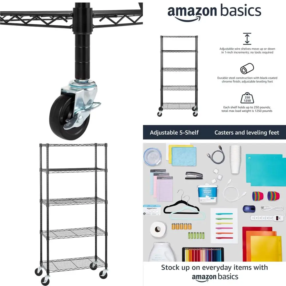 Heavy-Duty Adjustable Metal Wire Shelving Rack with 4 Casters, 300 lbs Capacity, 30 x 14 x 64.75, Black
Heavy-Duty Adjustable Metal Wire Shelving Rack with 4 Casters, 300 lbs Capacity, 30 x 14 x 64.75, Black