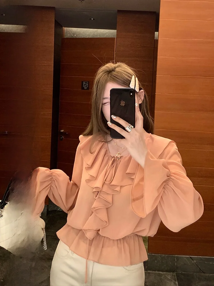 Luu Peach Happy Girl Lace Trim V-ne Thin Long Sve Loose Chiffon irt Spring Autumn Design Sense Women's Top Korean Sle
Luu Peach Happy Girl Lace Trim V-ne Thin Long Sve Loose Chiffon irt Spring Autumn Design Sense Women's Top Korean Sle