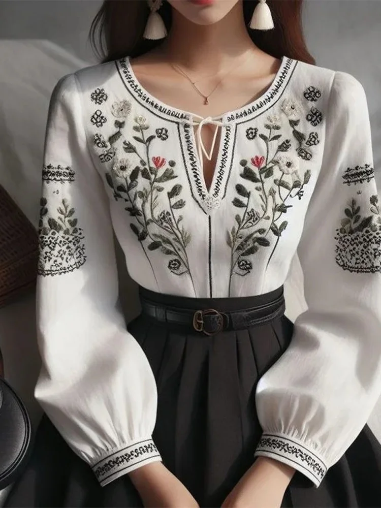 Flower Print Women's Blouse Ethnic Styles Retro Literature Lace-Up O-Neck Lantern Sleeve Tops Loose Casual Female Pullover Top
Flower Print Women's Blouse Ethnic Styles Retro Literature Lace-Up O-Neck Lantern Sleeve Tops Loose Casual Female Pullover Top