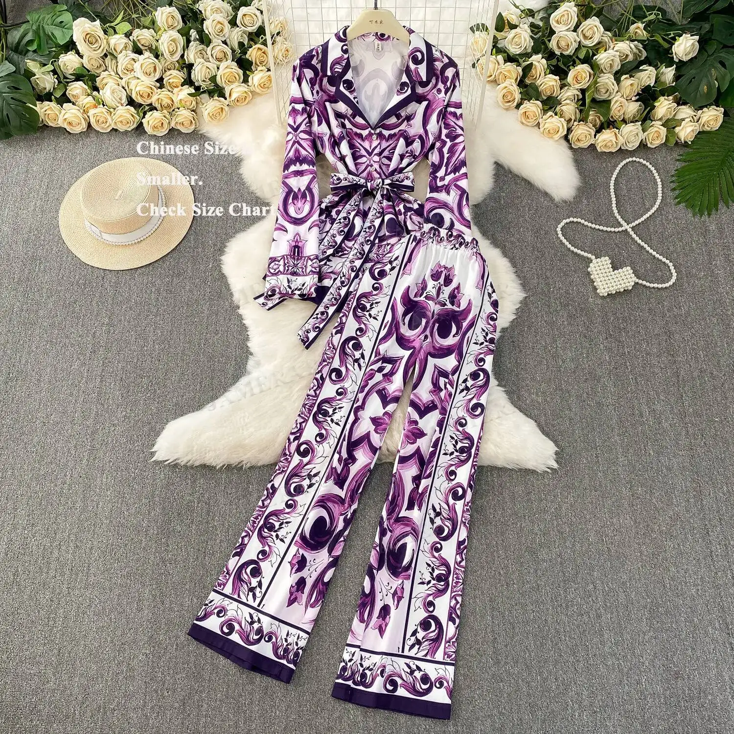 Autumn Purple Floral Two Piece Set Women Blouses Shirts Print Jacket + Elastic Waist Wide Leg Pants Suits 2pcs Muslims Outfits
Autumn Purple Floral Two Piece Set Women Blouses Shirts Print Jacket + Elastic Waist Wide Leg Pants Suits 2pcs Muslims Outfits