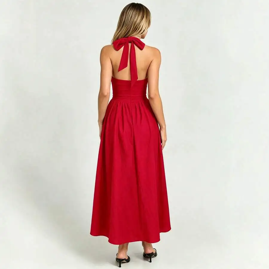 Womens Red Halter Backless A-Line Maxi Dress With Bow Detail High Waist Flared Summer Vacation
Womens Red Halter Backless A-Line Maxi Dress With Bow Detail High Waist Flared Summer Vacation