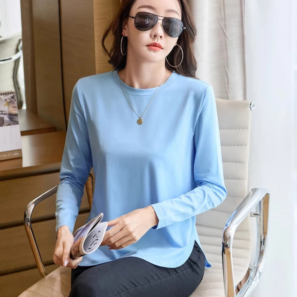 Blue pure cotton long sleeved T-shirt for women's spring and autumn new style, simple and casual loose mid to long length top
Blue pure cotton long sleeved T-shirt for women's spring and autumn new style, simple and casual loose mid to long length top
