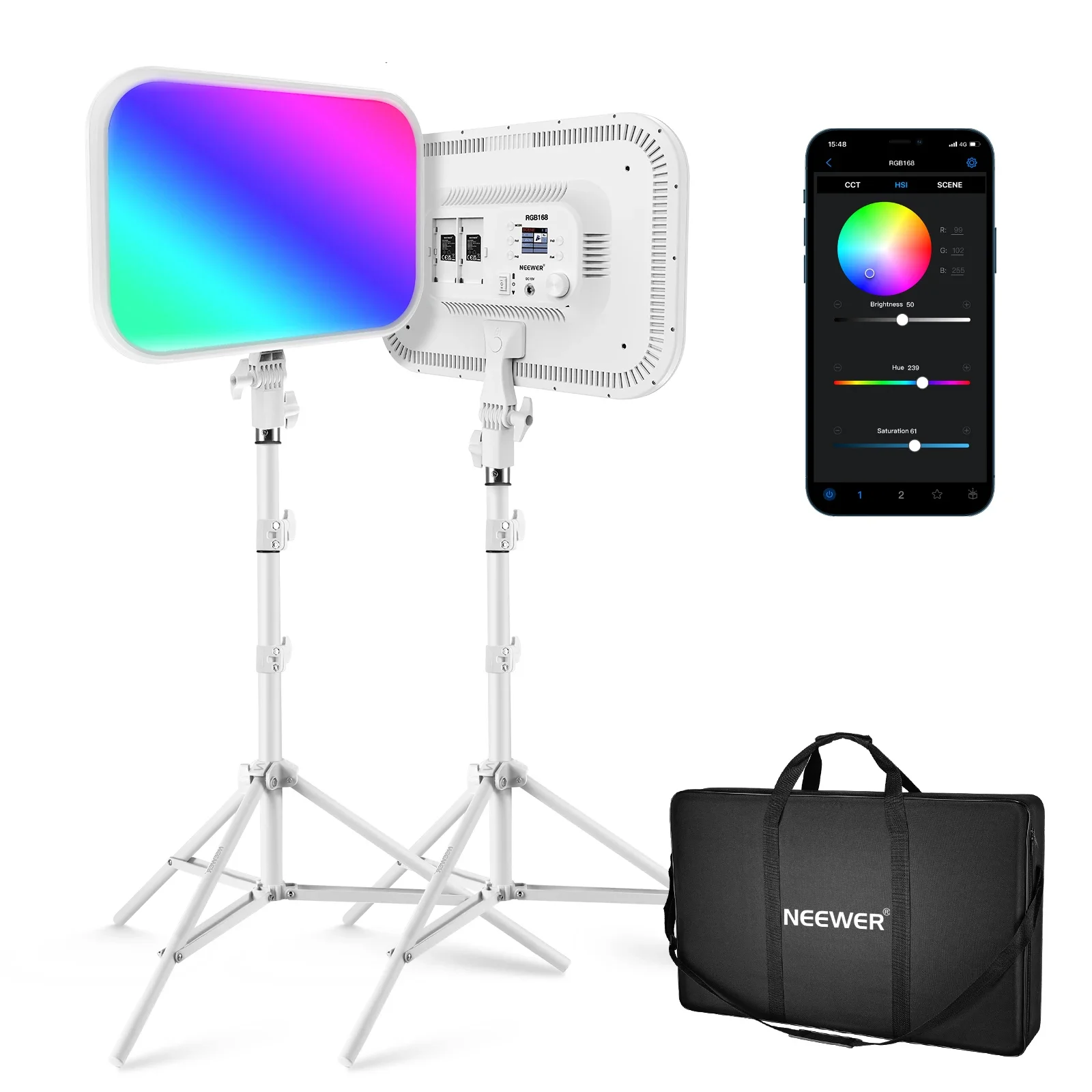 NEEWER 18.3" RGB LED Video Light Panel With App Control Stand Kit 2 Packs, 360° Full Color,60W Dimmable 2500K~8500K RGB168 LED
NEEWER 18.3" RGB LED Video Light Panel With App Control Stand Kit 2 Packs, 360° Full Color,60W Dimmable 2500K~8500K RGB168 LED