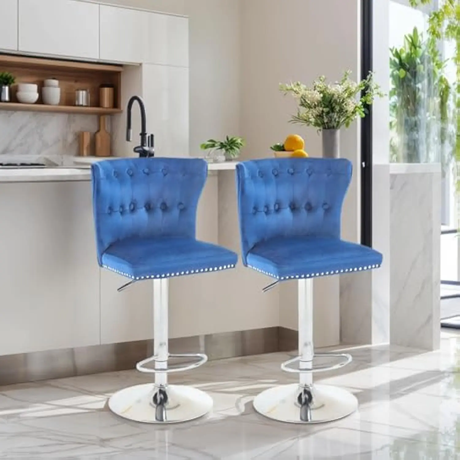 Set of 2 Adjustable Swivel Bar Stools, Velvet Upholstered Counter Height Chairs with Elegant Nailhead Trim, Silver Footrest, an
Set of 2 Adjustable Swivel Bar Stools, Velvet Upholstered Counter Height Chairs with Elegant Nailhead Trim, Silver Footrest, an