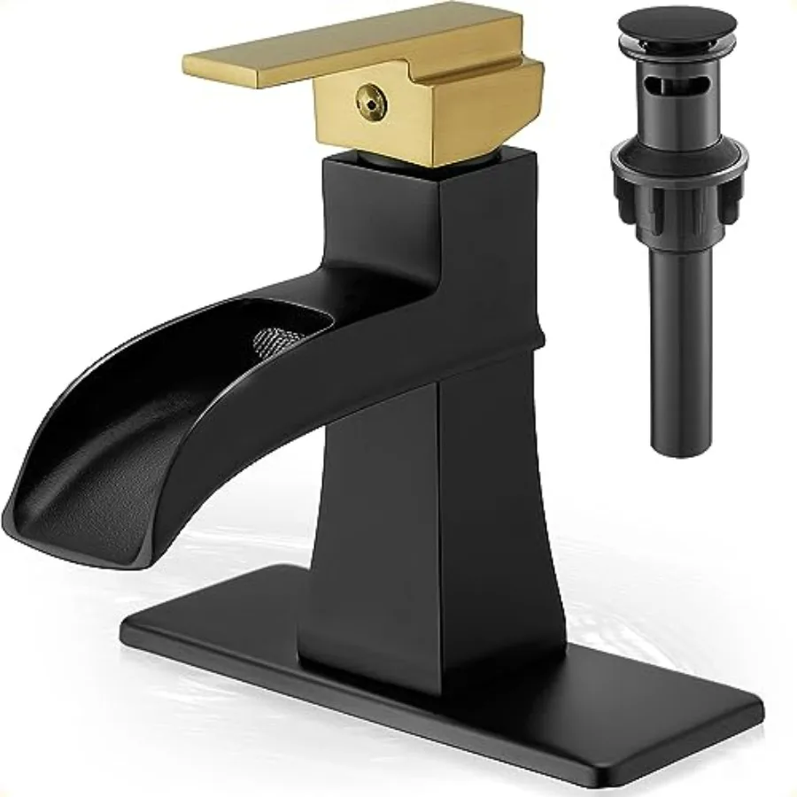Black and Gold Waterfall Bathroom Faucet Brass 1 Hole or 3 Hole 4 Inch Single Handle with Drain Supply Hoses and 6 inch Deck Pl
Black and Gold Waterfall Bathroom Faucet Brass 1 Hole or 3 Hole 4 Inch Single Handle with Drain Supply Hoses and 6 inch Deck Pl