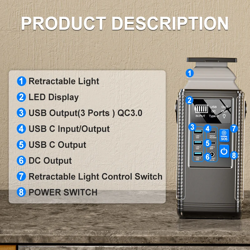 296Wh Solar Generator 100W PD – 80000mAh Portable Power Station with Retractable Spotlight and AC Power Socket for Outdoor Campi
296Wh Solar Generator 100W PD – 80000mAh Portable Power Station with Retractable Spotlight and AC Power Socket for Outdoor Campi