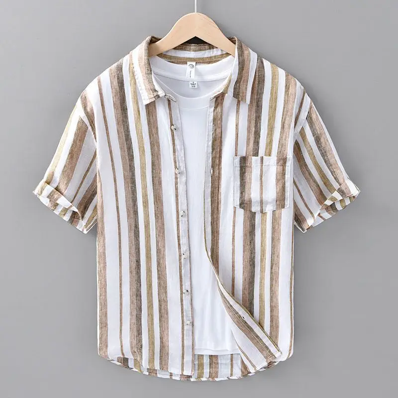 Summer Pure Linen Men Short Sleeve Striped Top Color-blocked Versatile Retro Casual Lightweight Breathable Linen Shirt
Summer Pure Linen Men Short Sleeve Striped Top Color-blocked Versatile Retro Casual Lightweight Breathable Linen Shirt