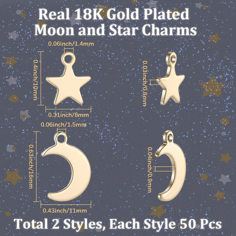 100Pcs 2 Styles Stainless Steel Charms Set Star Moon Real 18K Gold Plated 10~16x8~11x0.8~0.9mm Hole: 1.4~1.5mm 50pcs/style
100Pcs 2 Styles Stainless Steel Charms Set Star Moon Real 18K Gold Plated 10~16x8~11x0.8~0.9mm Hole: 1.4~1.5mm 50pcs/style