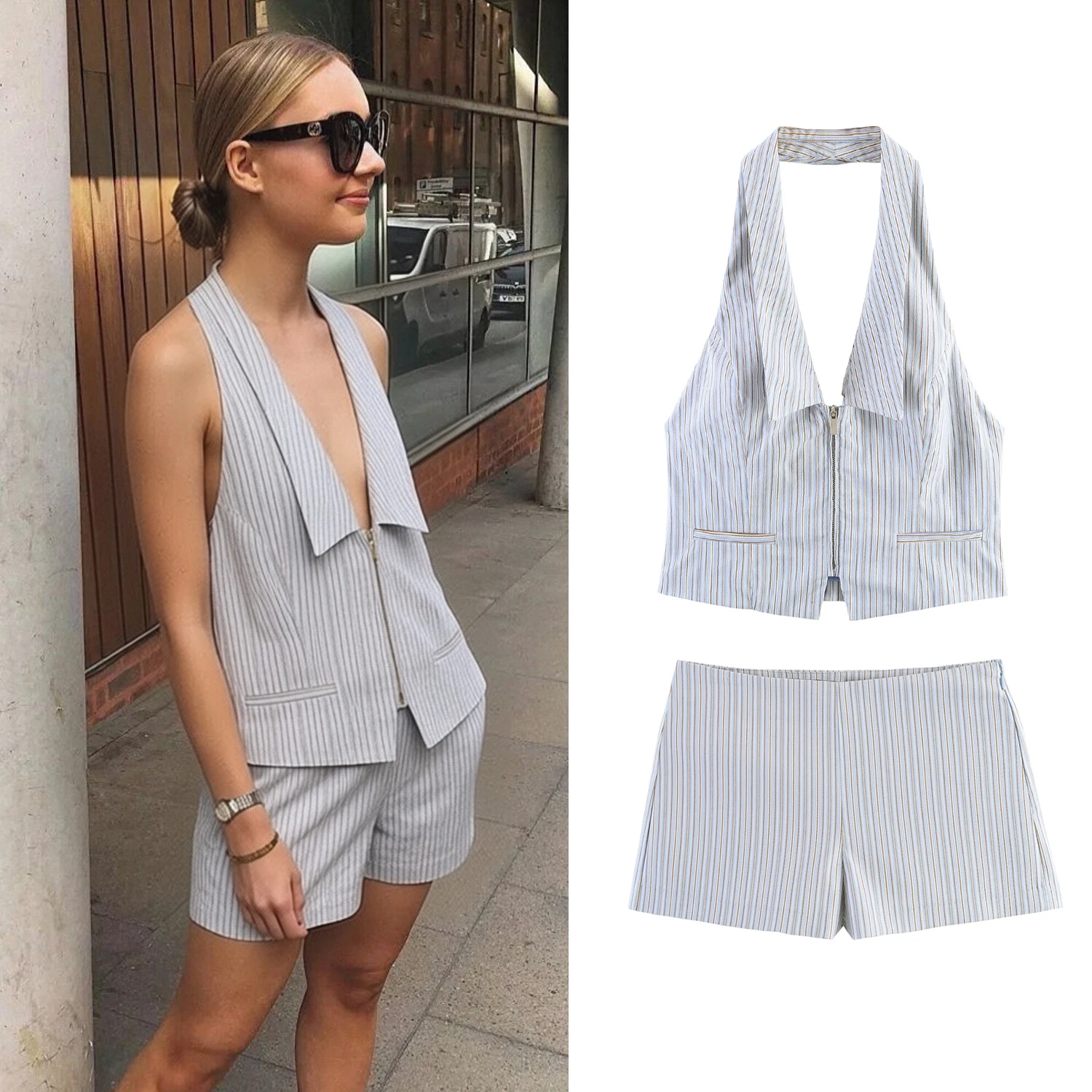 Women Striped Short Suit Sets Summer Female Sexy Deep V-Neck Crop Sleeveless Halter Neck Tank Tops Or Lady Beach Shorts
Women Striped Short Suit Sets Summer Female Sexy Deep V-Neck Crop Sleeveless Halter Neck Tank Tops Or Lady Beach Shorts
