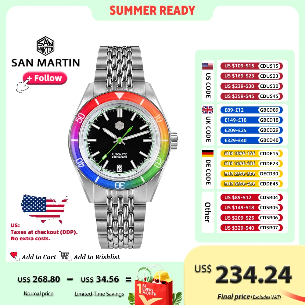 San Martin, оригинальный дизайн, 39,5 мм, модные мужские часы для дайвинга, сапфировый Радужный безель, механические часы, светящаяся дата, 200 м, SN0116
San Martin, оригинальный дизайн, 39,5 мм, модные мужские часы для дайвинга, сапфировый Радужный безель, механические часы, светящаяся дата, 200 м, SN0116