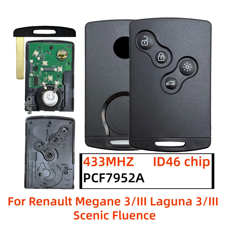 ID46-PCF7952A чип 433 МГц 4 кнопки смарт-брелок с дистанционным управлением без ключа для Renault Megane 3/III Laguna 3/III Scenic Fluence
ID46-PCF7952A чип 433 МГц 4 кнопки смарт-брелок с дистанционным управлением без ключа для Renault Megane 3/III Laguna 3/III Scenic Fluence