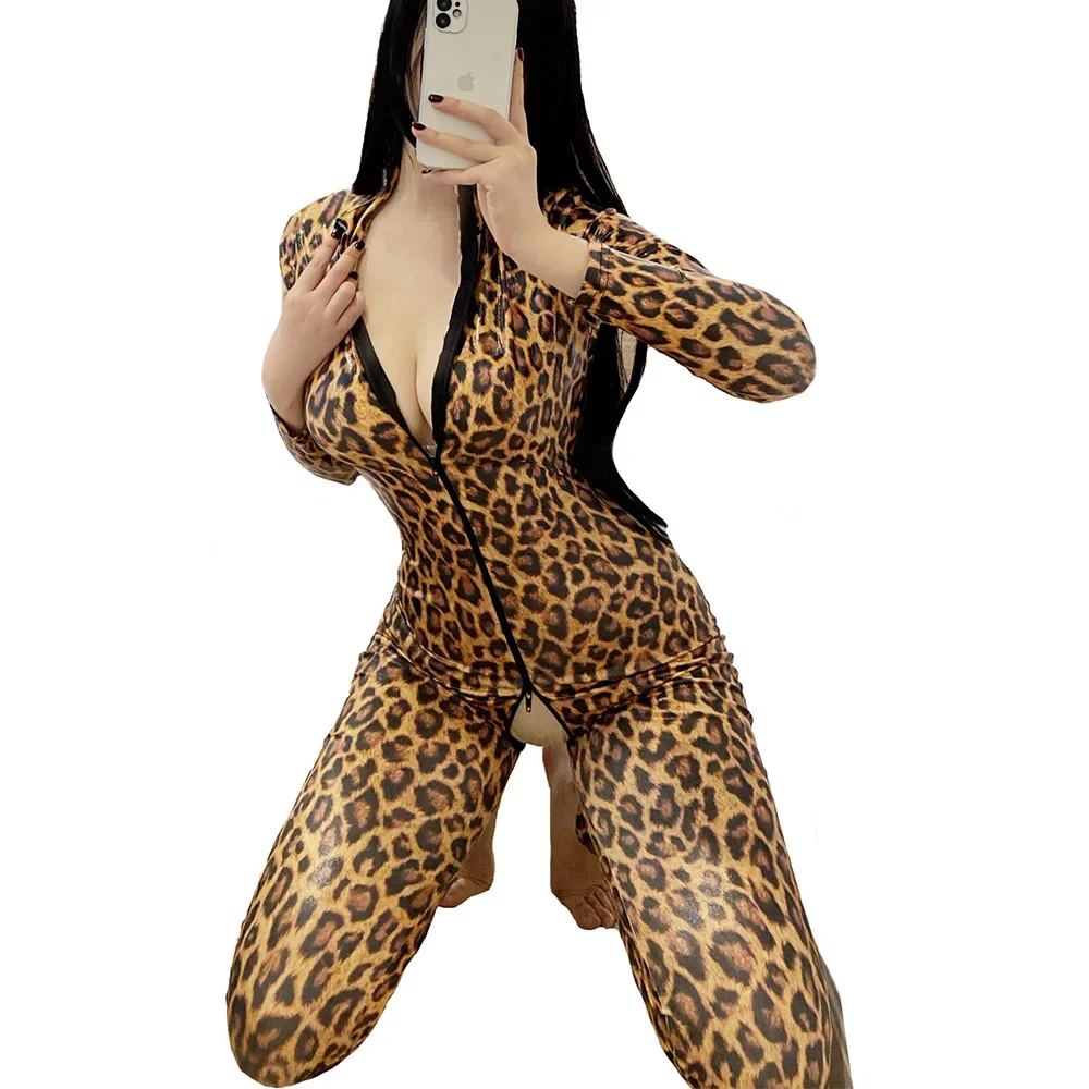 Женские сексуальные леопардовые комбинезоны, нижнее белье, трико из искусственной кожи, боди на молнии с длинными рукавами и открытой промежностью, костюм для косплея, порно комбинезоны 
Женские сексуальные леопардовые комбинезоны, нижнее белье, трико из искусственной кожи, боди на молнии с длинными рукавами и открытой промежностью, костюм для косплея, порно комбинезоны
