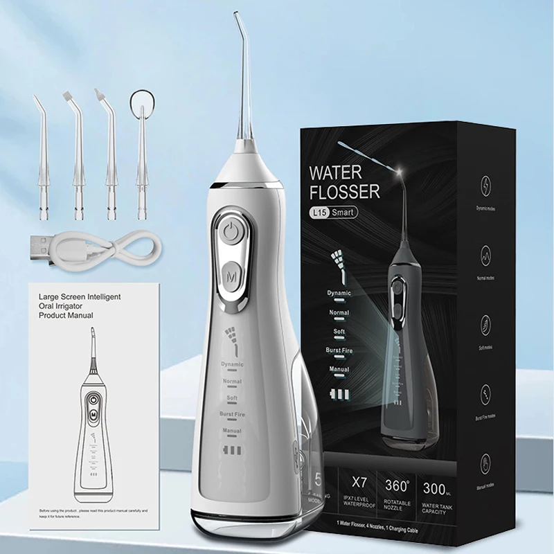 Portable Dental Oral Irrigator Water Flosser USB Rechargeable 4 Nozzles Water Jet 300ml Water Tank Waterproof IPX7 5 Modes
Portable Dental Oral Irrigator Water Flosser USB Rechargeable 4 Nozzles Water Jet 300ml Water Tank Waterproof IPX7 5 Modes