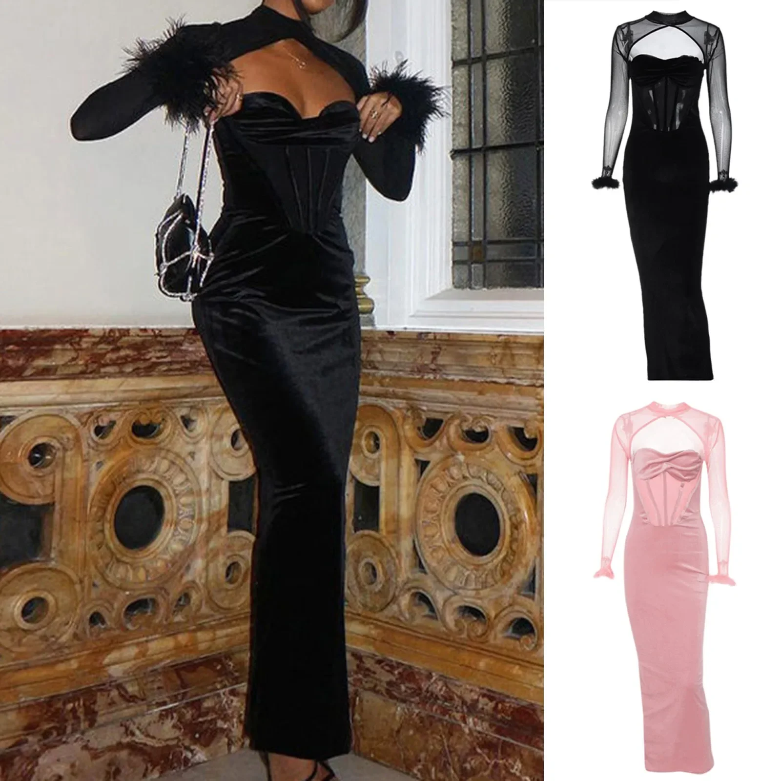 Feather Mesh Long Sleeve Patchwork Velvet Hollow Out Elegant Sexy Maxi Dress 2024 Winter Birthday Party Y2k Outfit
Feather Mesh Long Sleeve Patchwork Velvet Hollow Out Elegant Sexy Maxi Dress 2024 Winter Birthday Party Y2k Outfit