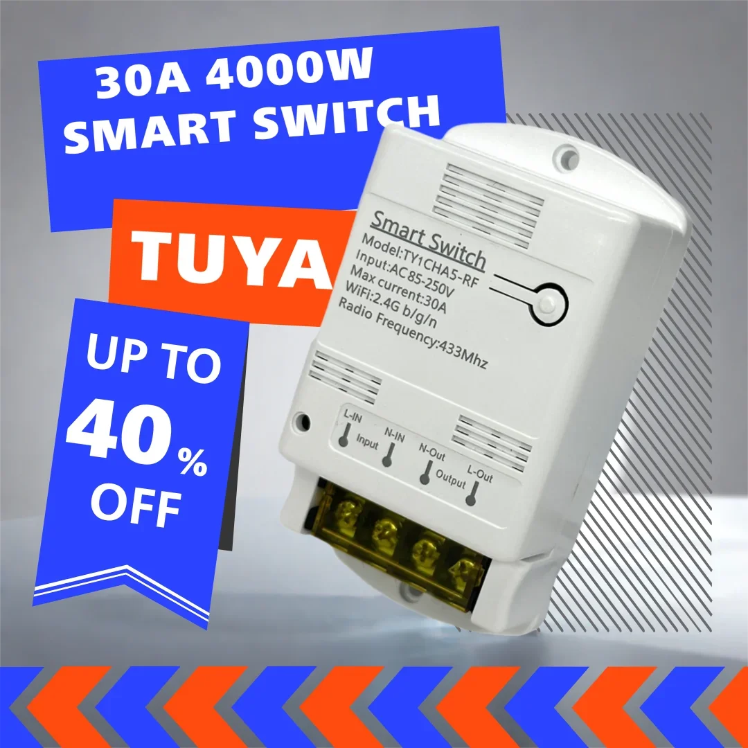 Wifi Smart 30A 4000W 20A Relay Module 7-32V AC 85-250V 220V Tuya Automation Switch Work With Alexa Google Home
Wifi Smart 30A 4000W 20A Relay Module 7-32V AC 85-250V 220V Tuya Automation Switch Work With Alexa Google Home