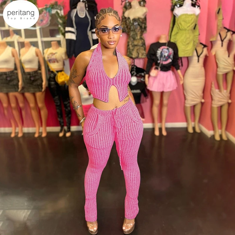 PERITANG Blue Striped Women Casual Two Piece Set Crochet Halter Deepv-Neck Vest+Pocket Pants Skinny Stretch Matching Outfits Set
PERITANG Blue Striped Women Casual Two Piece Set Crochet Halter Deepv-Neck Vest+Pocket Pants Skinny Stretch Matching Outfits Set