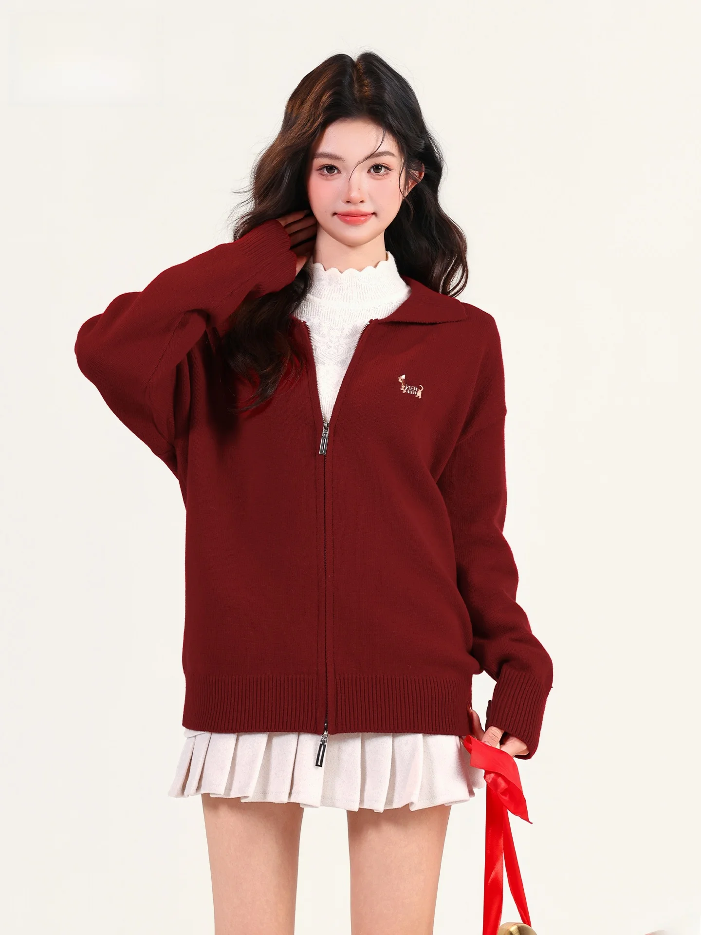 New Year Red Collar Knitted Open Cardigan Women's Loose Slimming Double Zipper Sweater Jacket Casual Style Long Sleeve
New Year Red Collar Knitted Open Cardigan Women's Loose Slimming Double Zipper Sweater Jacket Casual Style Long Sleeve