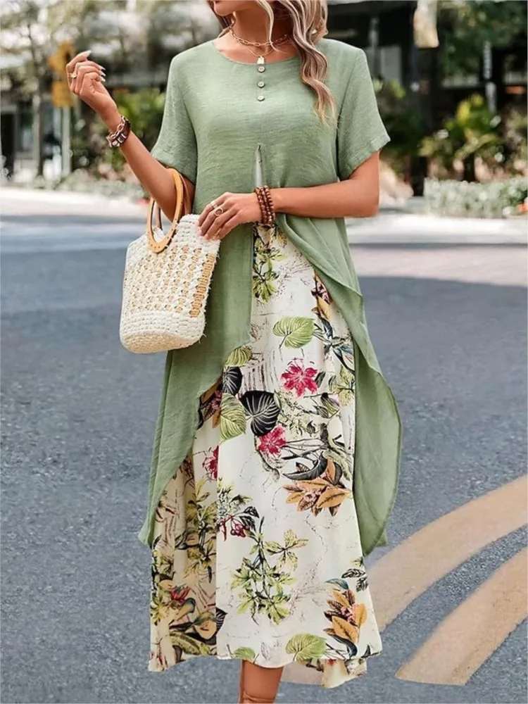 Women Fake Two-piece Short-sleeved Dresses 2025 Summer Cotton Linen Fashion Floral Printed Long Dress Female Large Sway Vestidos
Women Fake Two-piece Short-sleeved Dresses 2025 Summer Cotton Linen Fashion Floral Printed Long Dress Female Large Sway Vestidos