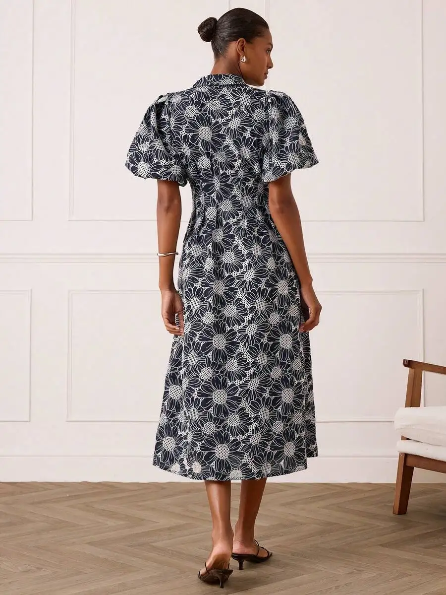 Womens Floral Embroidered Puff Sleeve Midi Dress Button Front Casual Summer Dress
Womens Floral Embroidered Puff Sleeve Midi Dress Button Front Casual Summer Dress