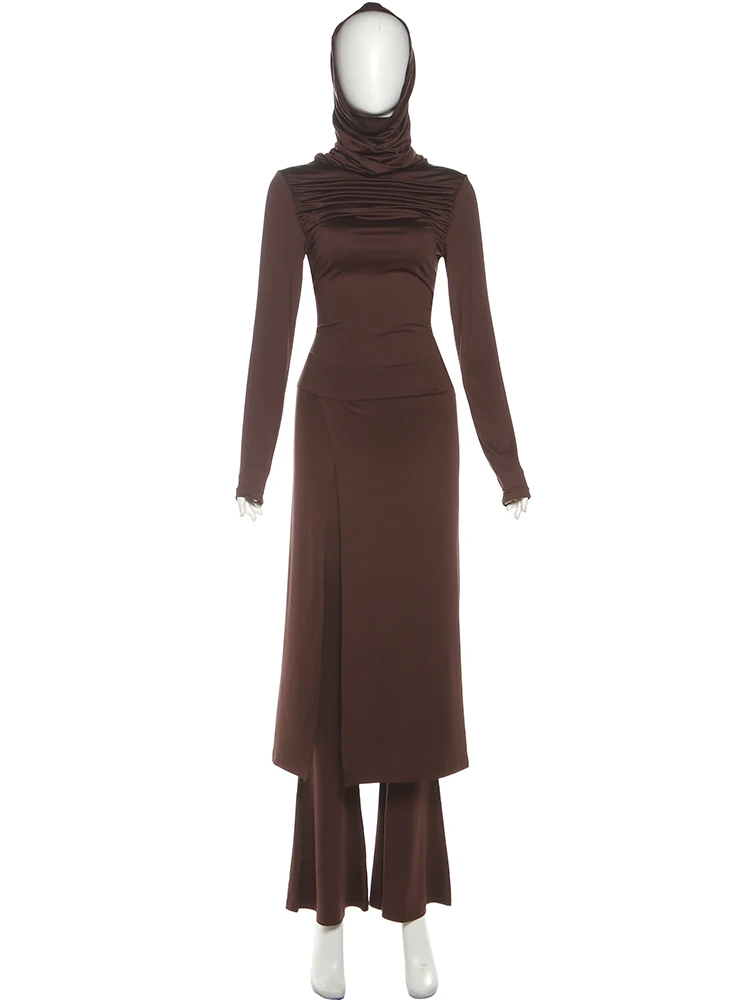 Sisterlinda Elegant Split Dress 2-Piece Set Women Hooded Ruched Bodycon+Body-Shaping Flare Pants Matching Stretch Skinny Outfits
Sisterlinda Elegant Split Dress 2-Piece Set Women Hooded Ruched Bodycon+Body-Shaping Flare Pants Matching Stretch Skinny Outfits