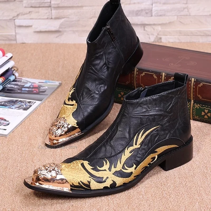 Metal Decor Gold Totem Ankle Boots Black Side Zipper Men Shoes Men Handmade Runway Party Leisure Novel Fashionable Deluxe Shoes
Metal Decor Gold Totem Ankle Boots Black Side Zipper Men Shoes Men Handmade Runway Party Leisure Novel Fashionable Deluxe Shoes